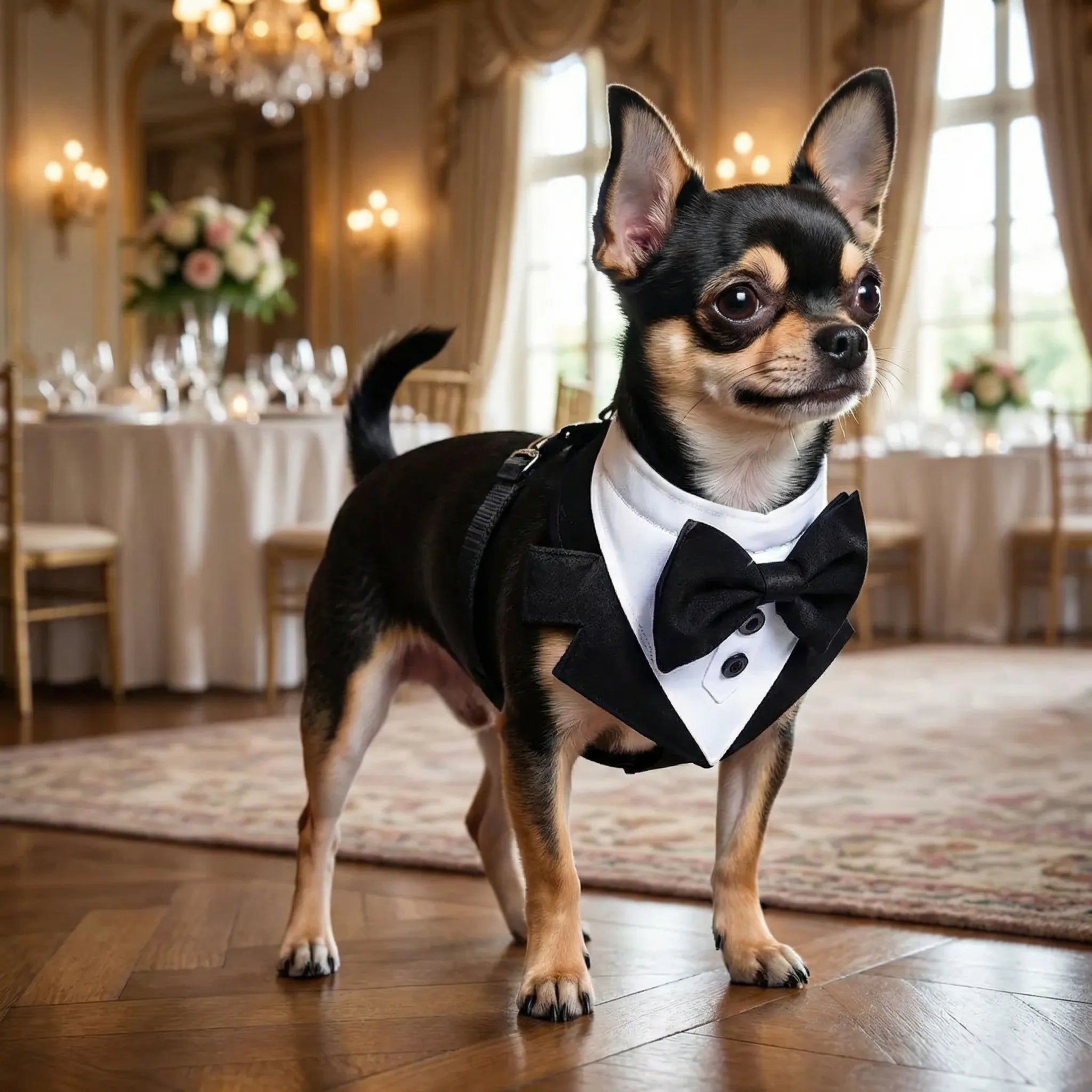 FormalFit Tuxedo Dog Harness with Bow Tie for Small and Medium Dogs