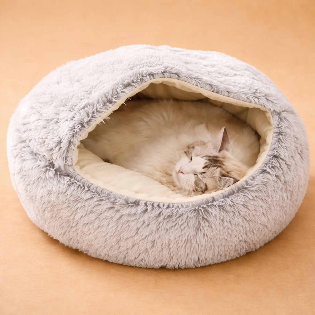 Hooded Plush Pet Bed for Dogs and Cats