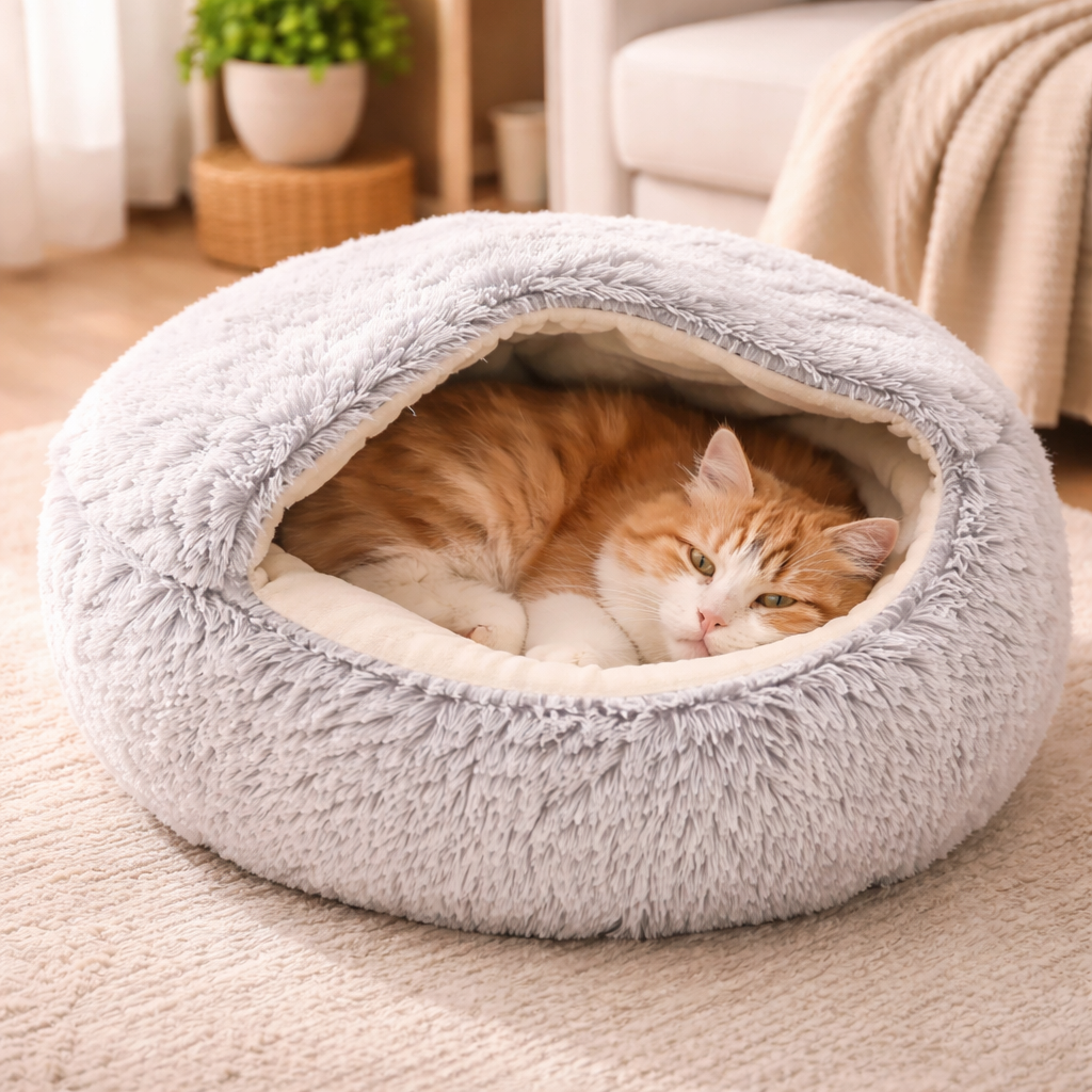 Hooded Plush Pet Bed for Dogs and Cats